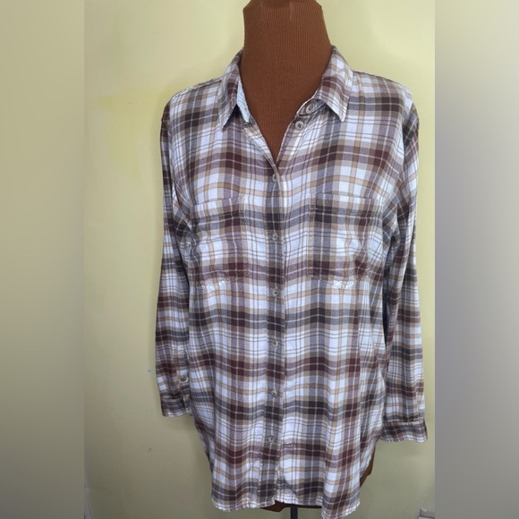 American Eagle Boyfriend Fit Brown Plaid Flannel Shirt Button-up Size Medium - Picture 1 of 7